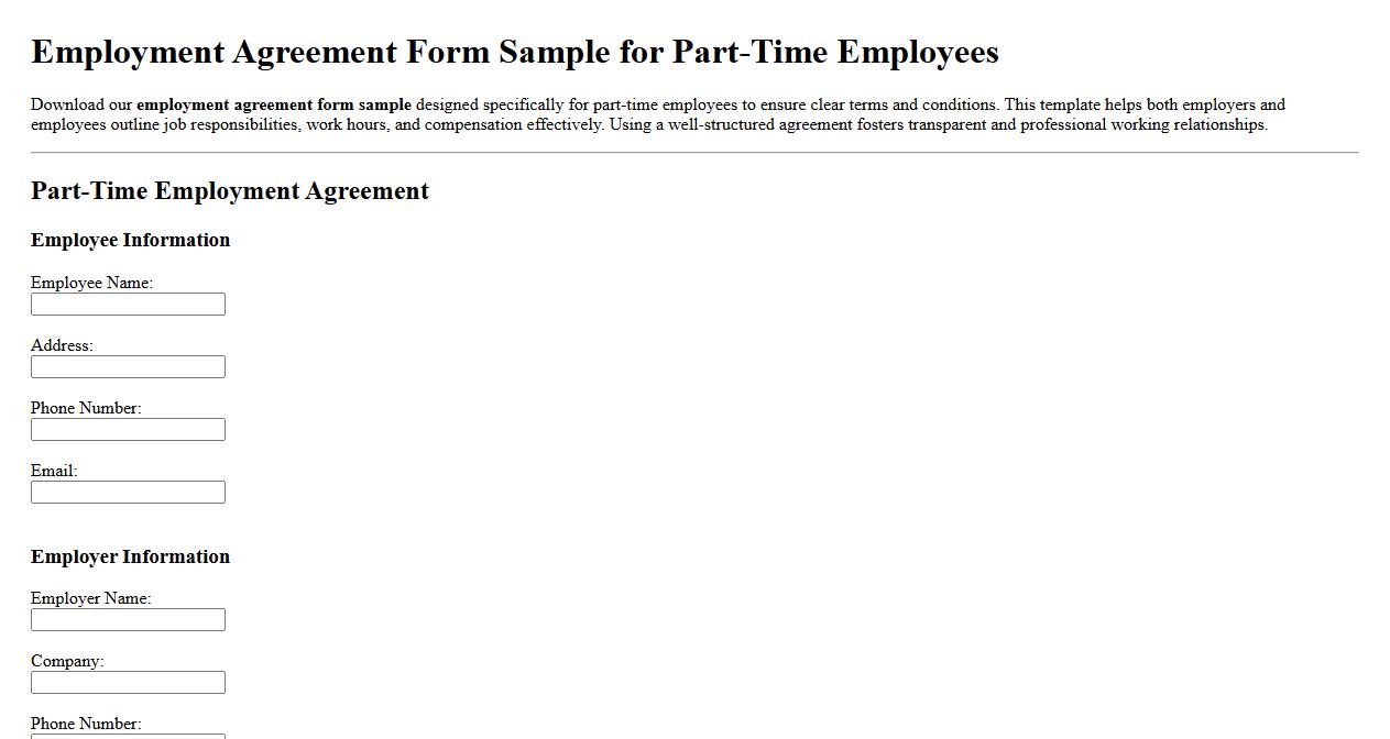Employment agreement form sample for part-time employees image preview