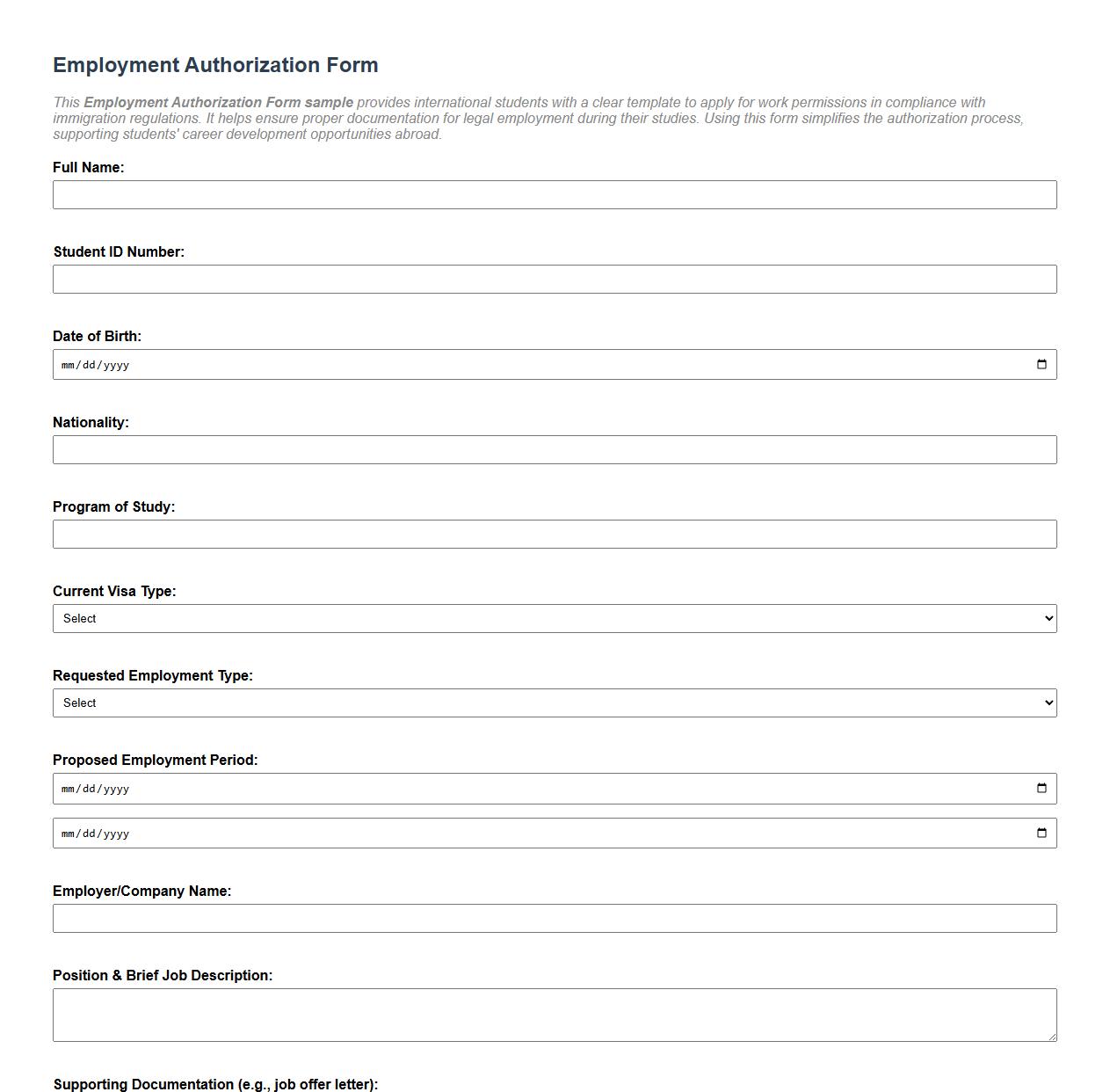 Employment Authorization Form sample for international students image preview