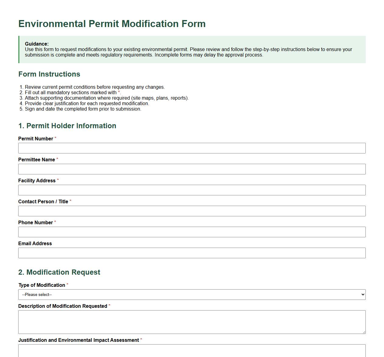 Environmental permit modification form sample with guidance image preview