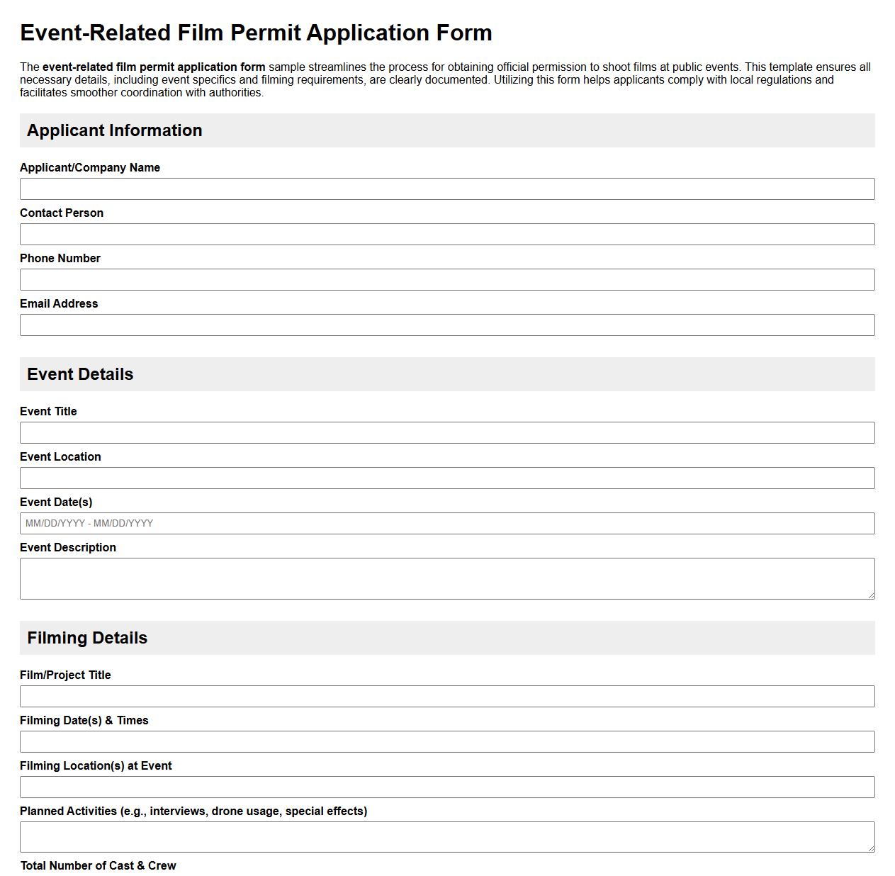 event-related film permit application form sample image preview