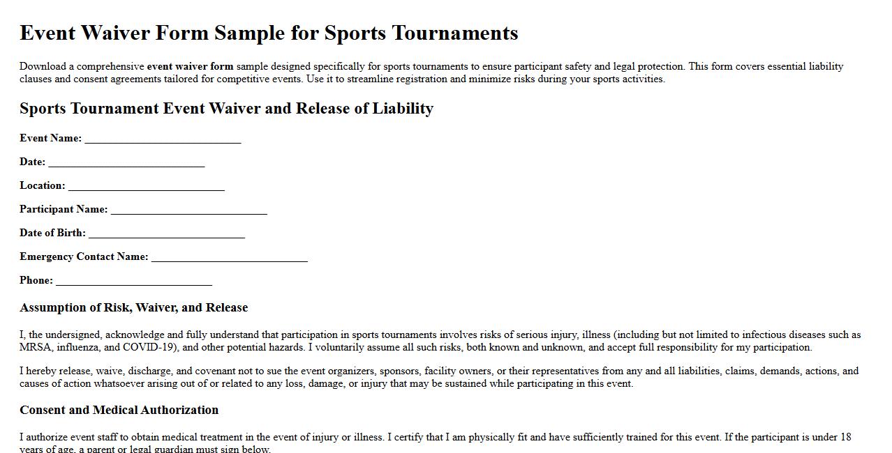 Event waiver form sample for sports tournaments image preview
