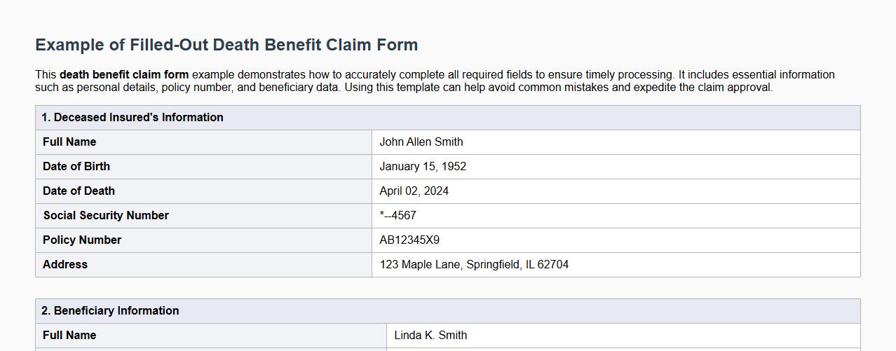 Example of filled-out death benefit claim form image preview