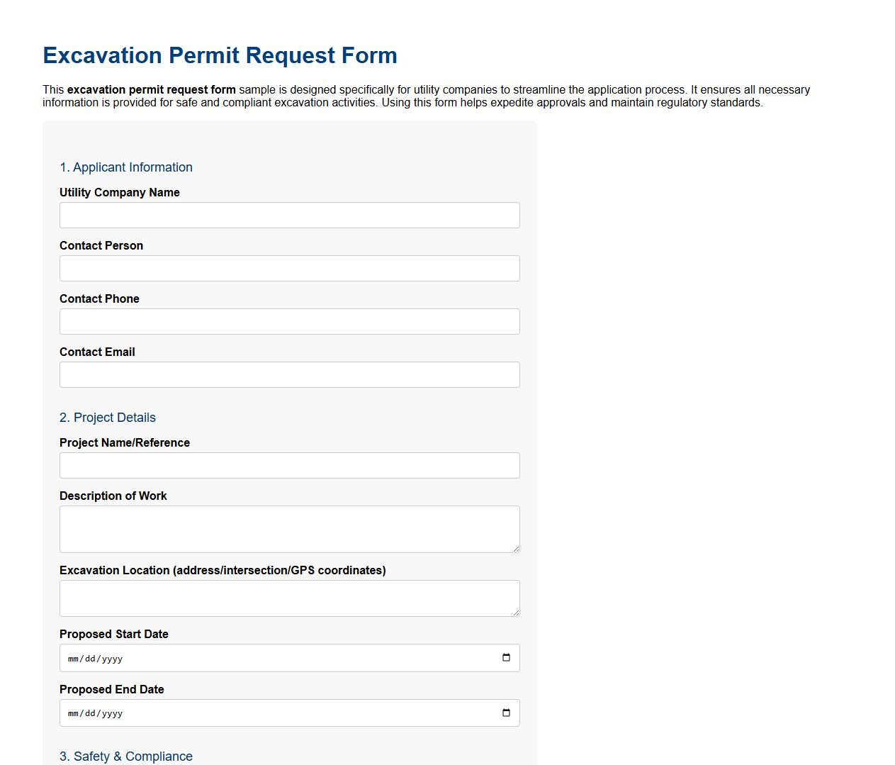 Excavation permit request form sample for utility companies image preview