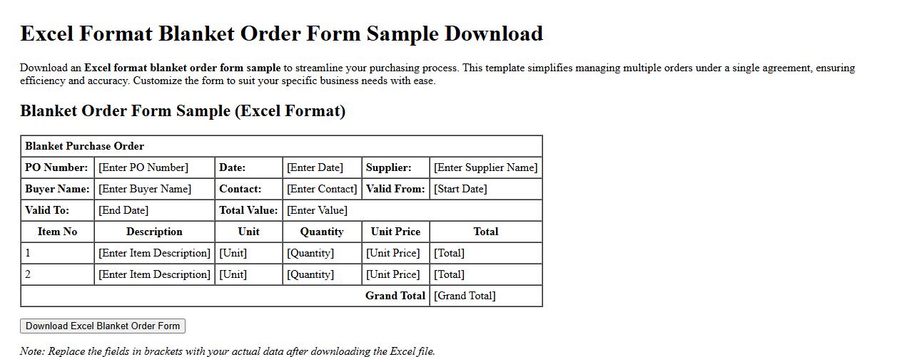 excel format blanket order form sample download image preview