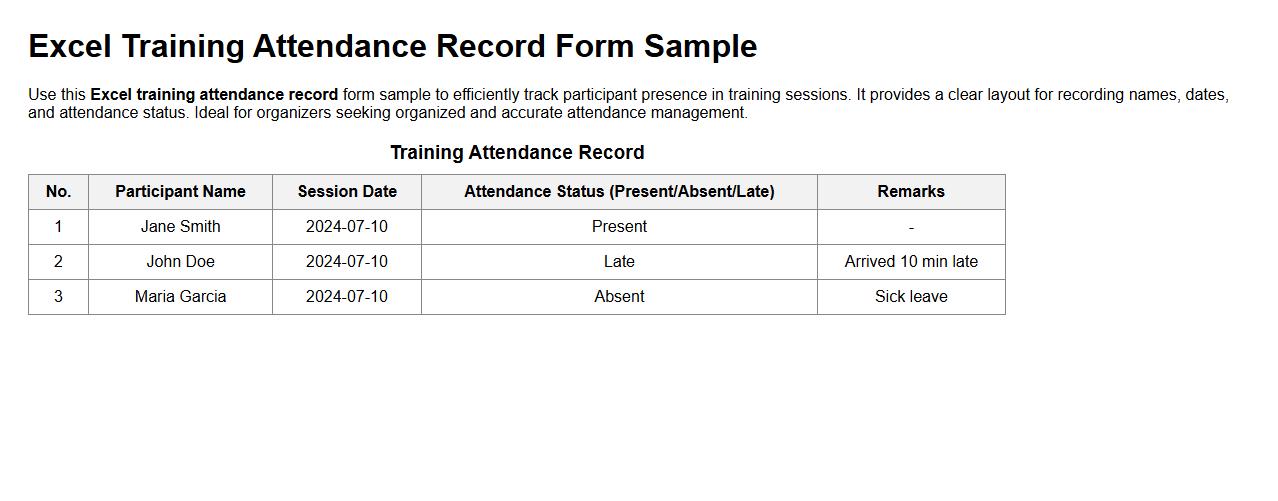 Excel training attendance record form sample image preview