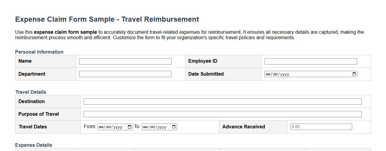 expense claim form sample for travel reimbursement image preview
