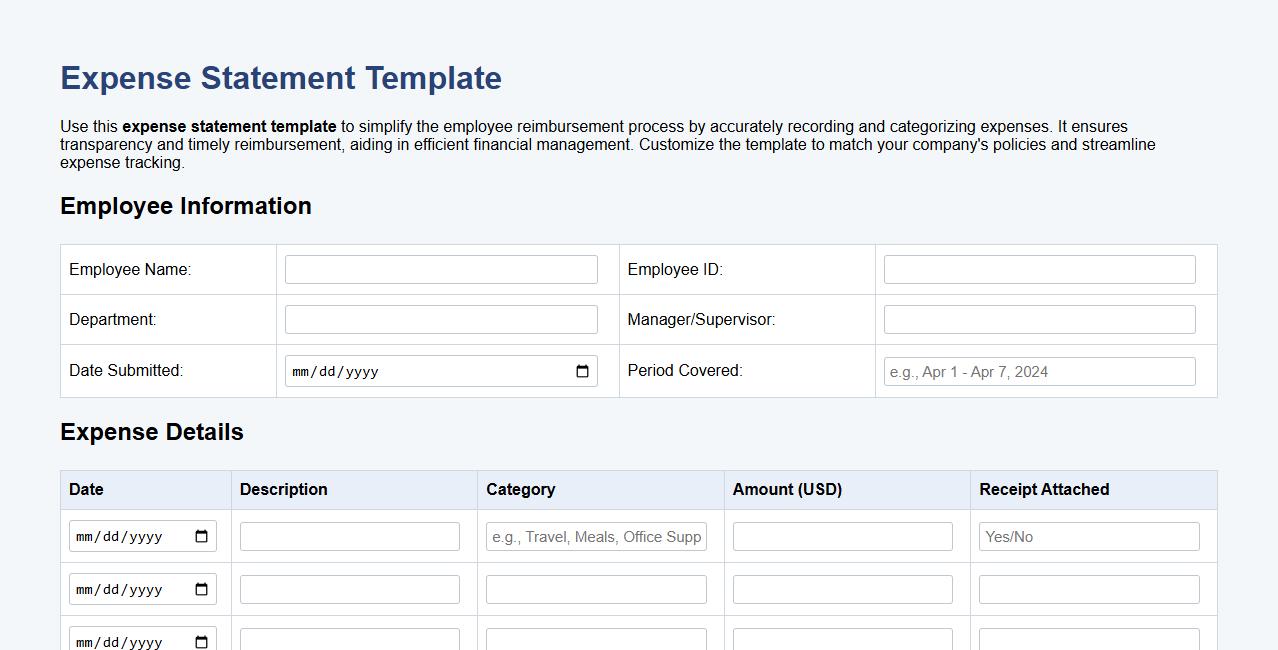 expense statement template for employee reimbursement image preview