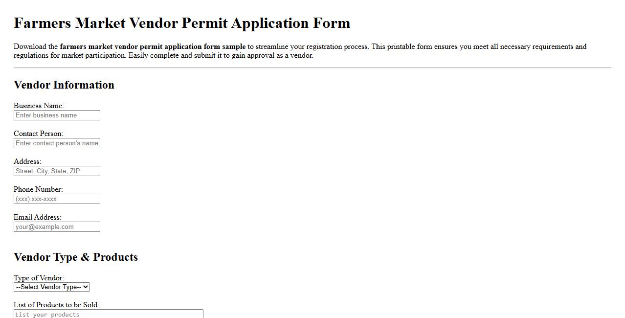 farmers market vendor permit application form sample printable image preview