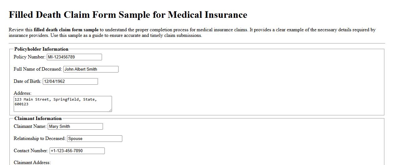 filled death claim form sample for medical insurance image preview