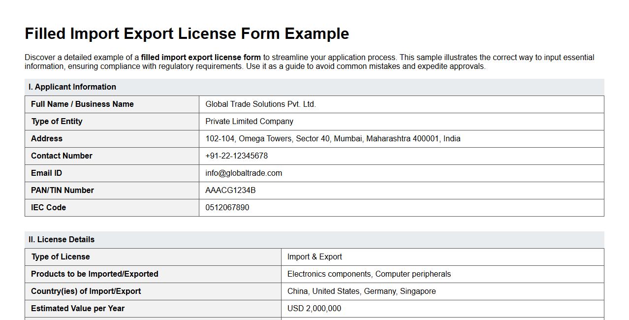 filled import export license form example image preview