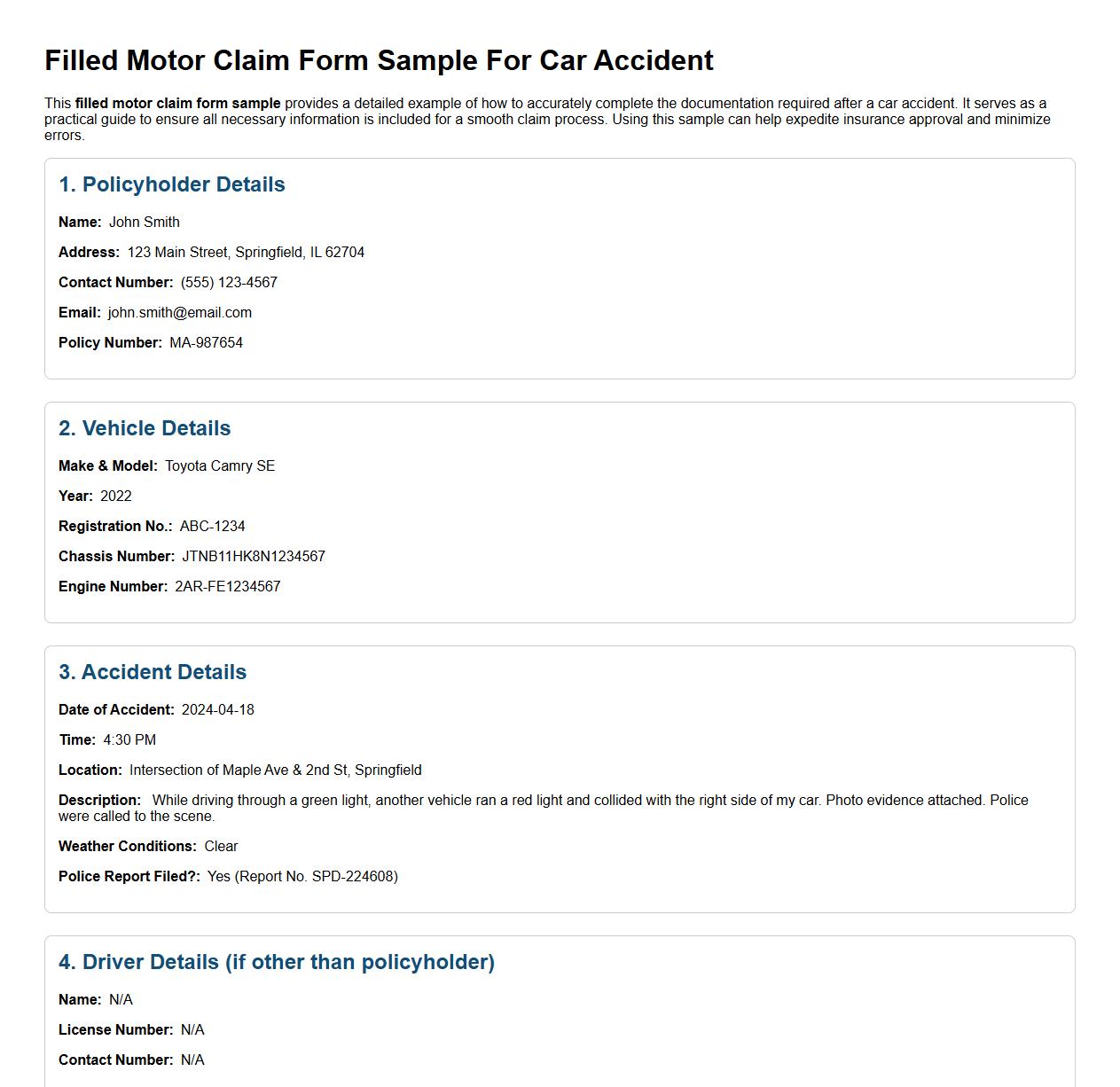 Filled motor claim form sample for car accident image preview