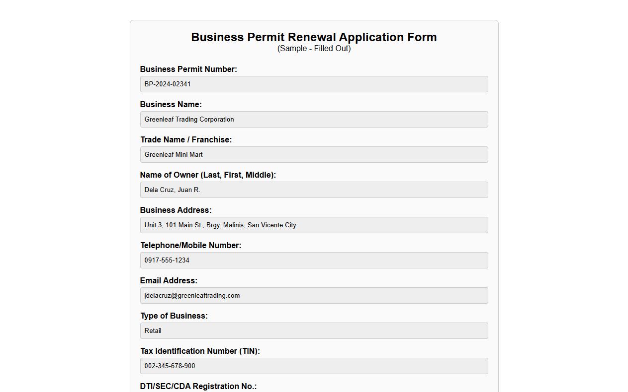 filled-out business permit renewal form sample image preview
