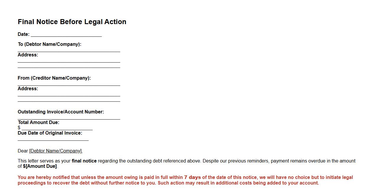 Final notice before legal action form sample for business debts image preview