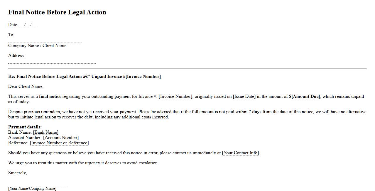 Final notice before legal action form sample for unpaid invoice image preview