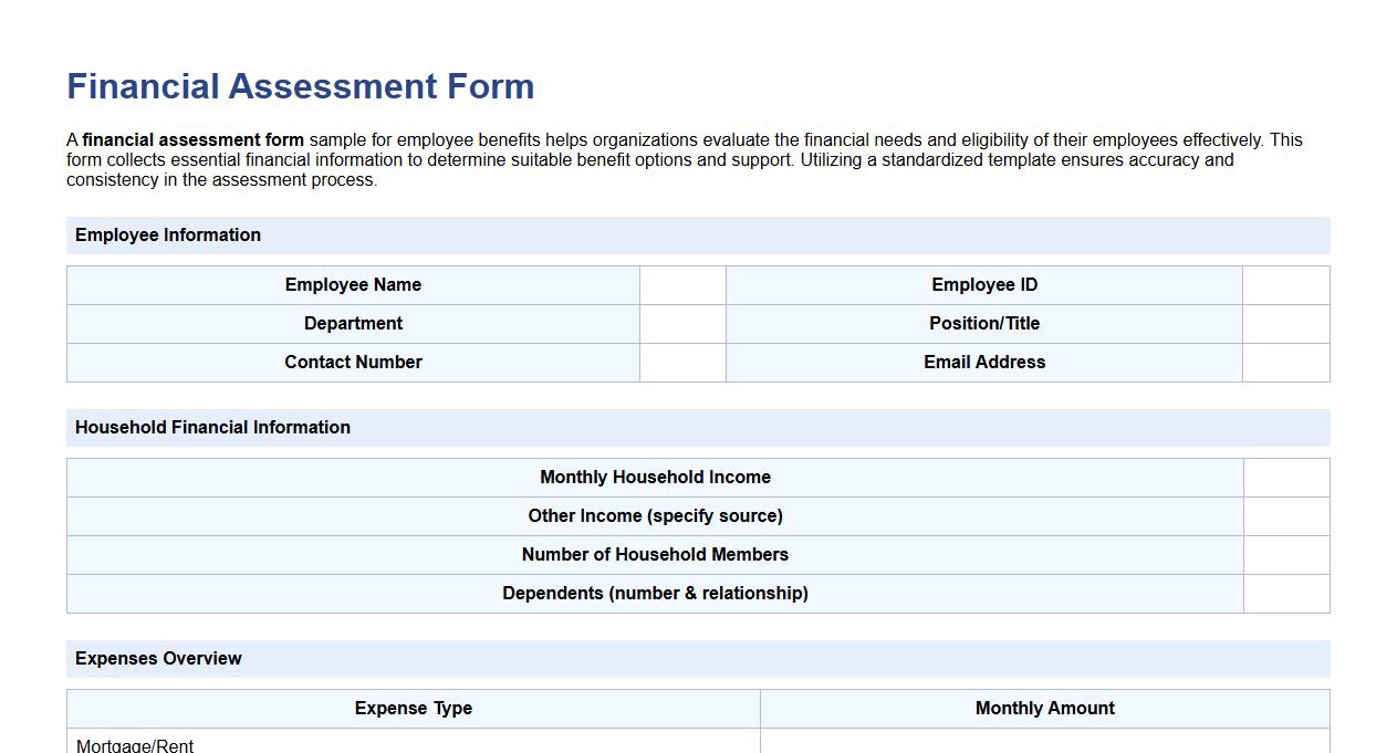 Financial assessment form sample for employee benefits image preview