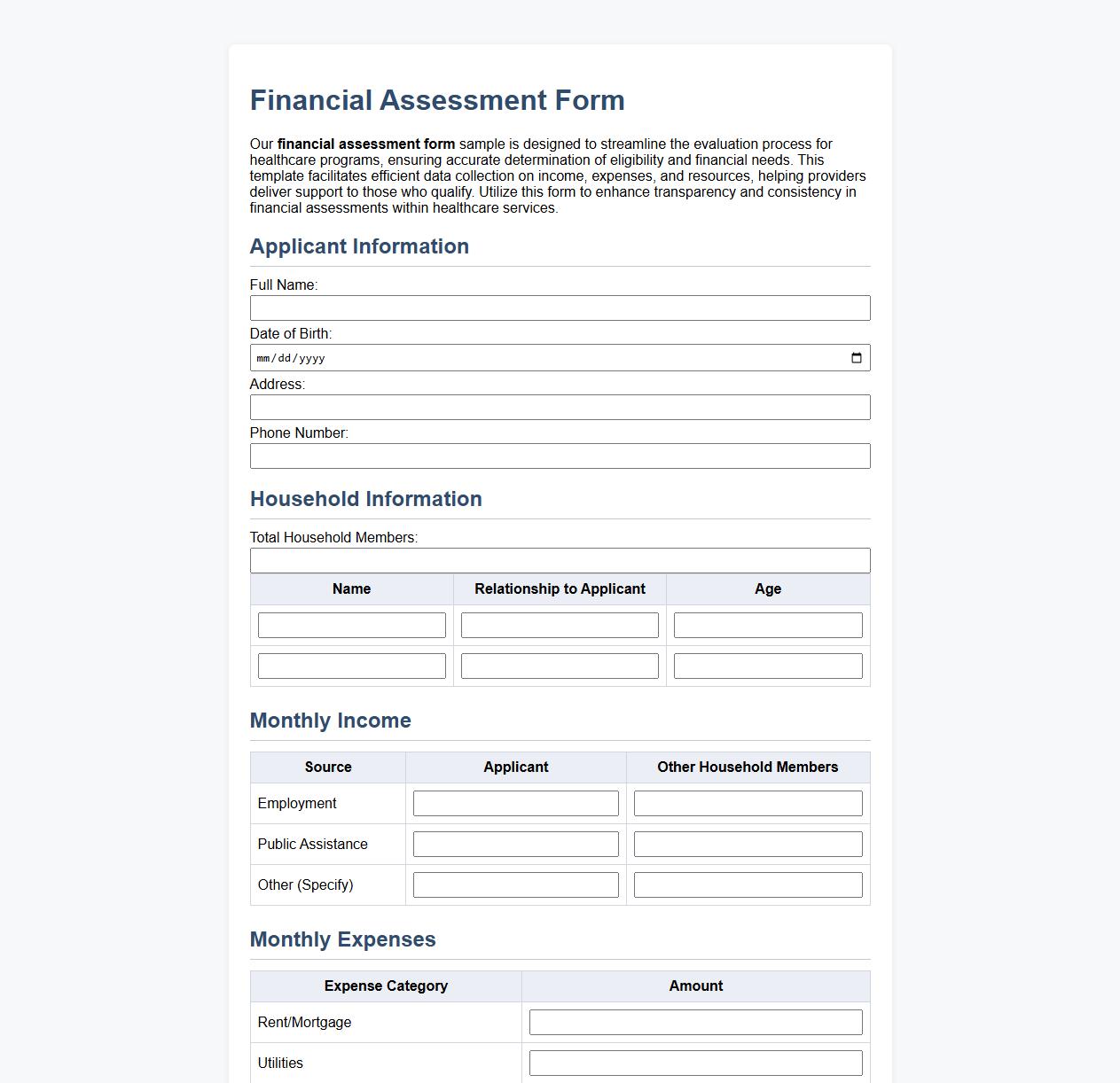 Financial assessment form sample for healthcare programs image preview