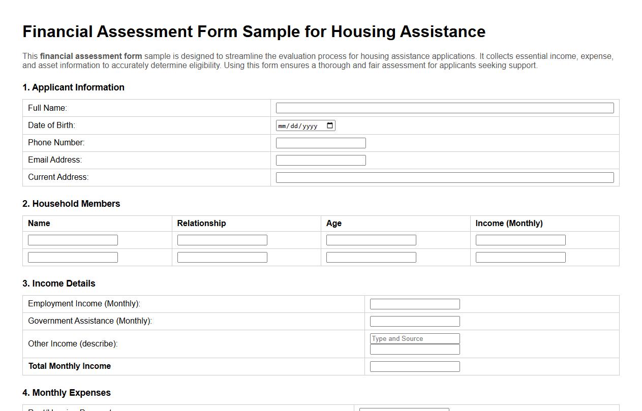 Financial assessment form sample for housing assistance image preview