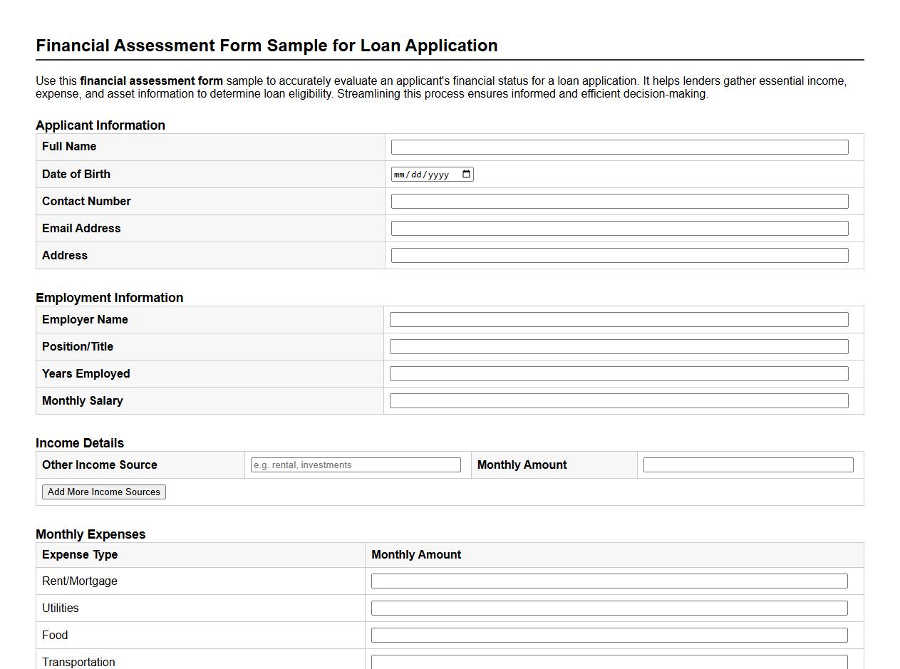 Financial assessment form sample for loan application image preview
