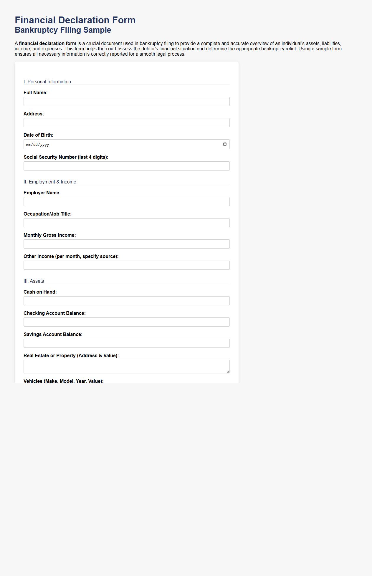 financial declaration form sample for bankruptcy filing image preview