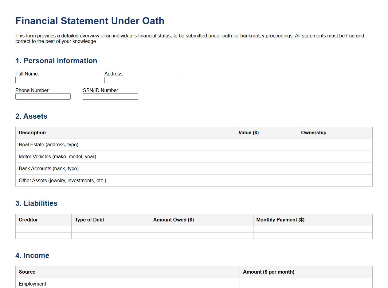 financial statement under oath form sample for bankruptcy image preview