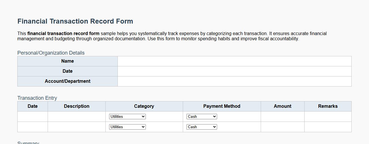 Financial transaction record form sample with expense categories image preview