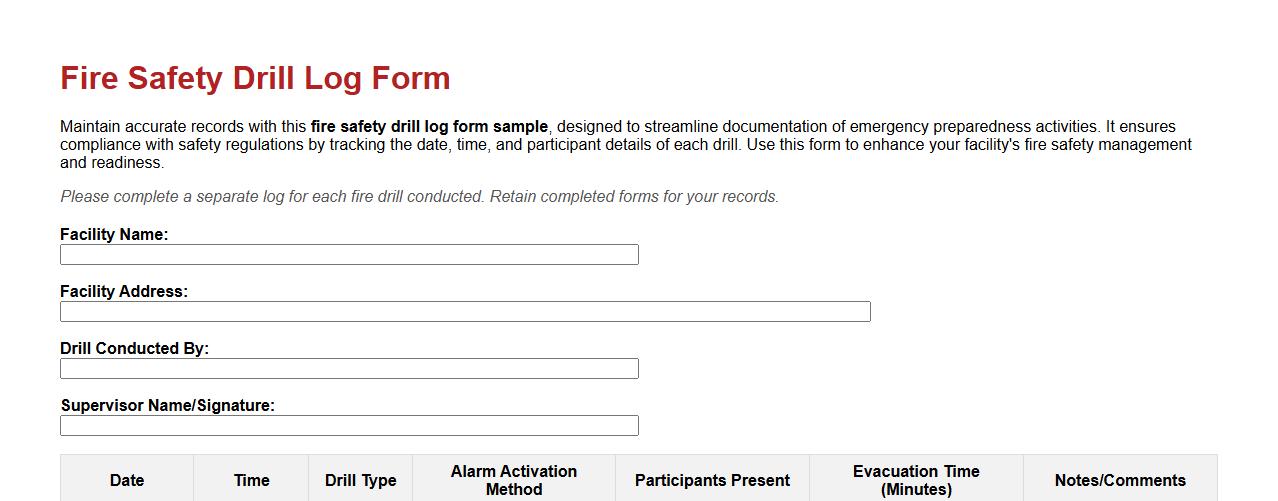 fire safety drill log form sample image preview