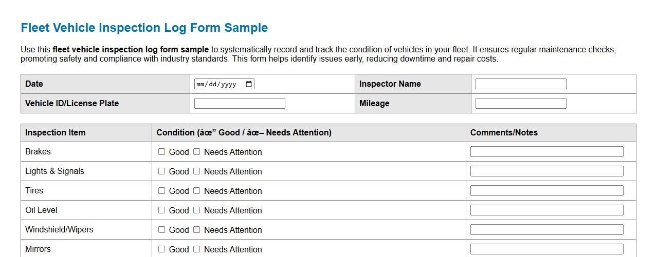Fleet vehicle inspection log form sample image preview