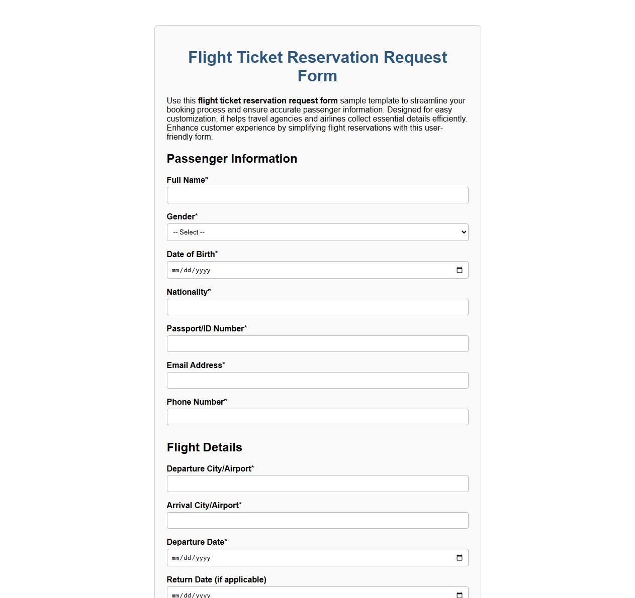 flight ticket reservation request form sample template image preview