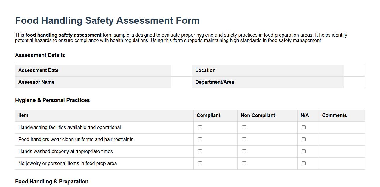 Food handling safety assessment form sample image preview