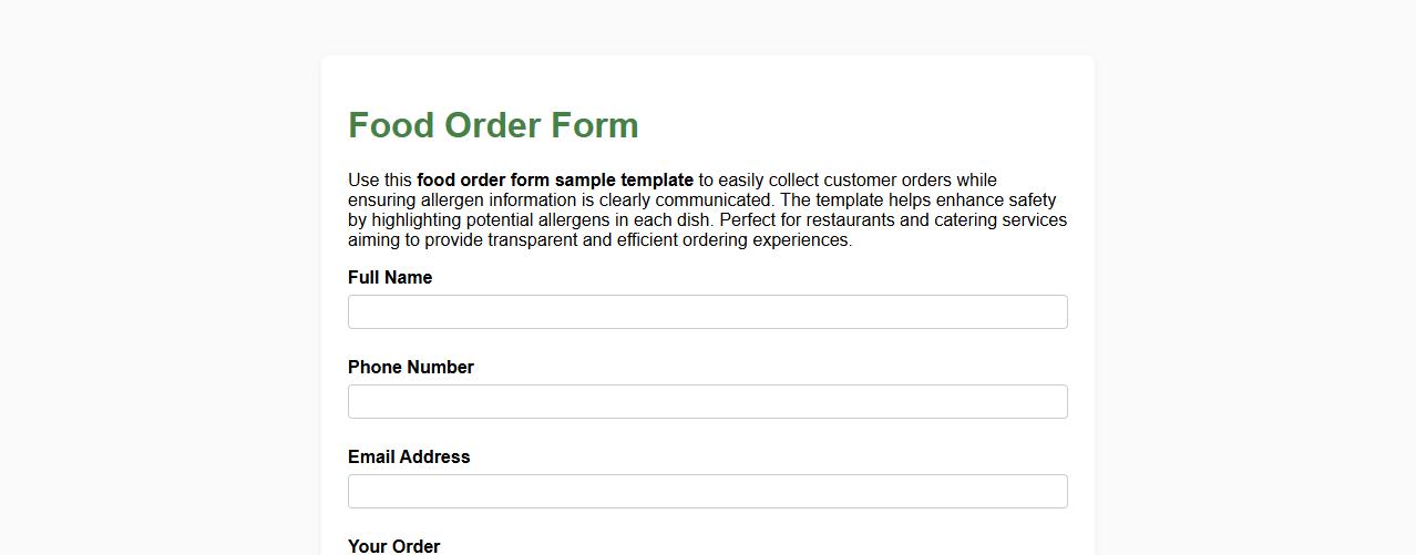 Food order form sample template with allergens info image preview