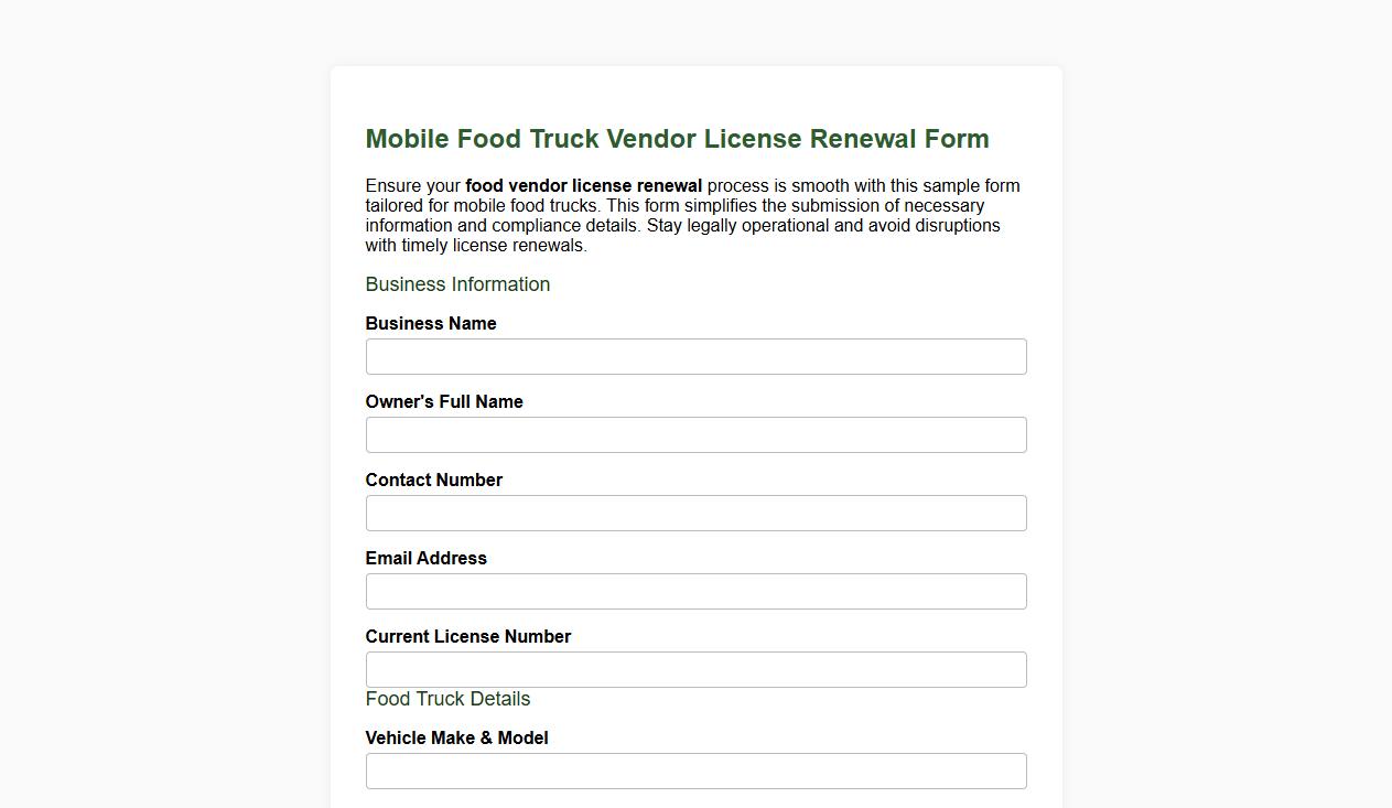 Food vendor license renewal form sample for mobile food trucks image preview
