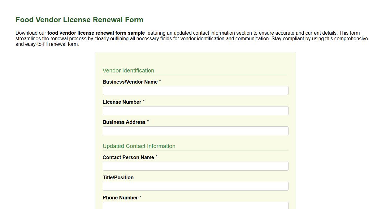 Food vendor license renewal form sample with updated contact information section image preview