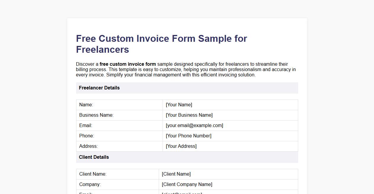 Free custom invoice form sample for freelancers image preview
