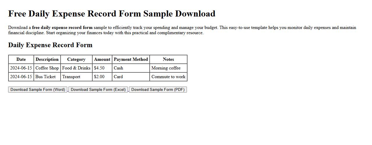 Free daily expense record form sample download image preview