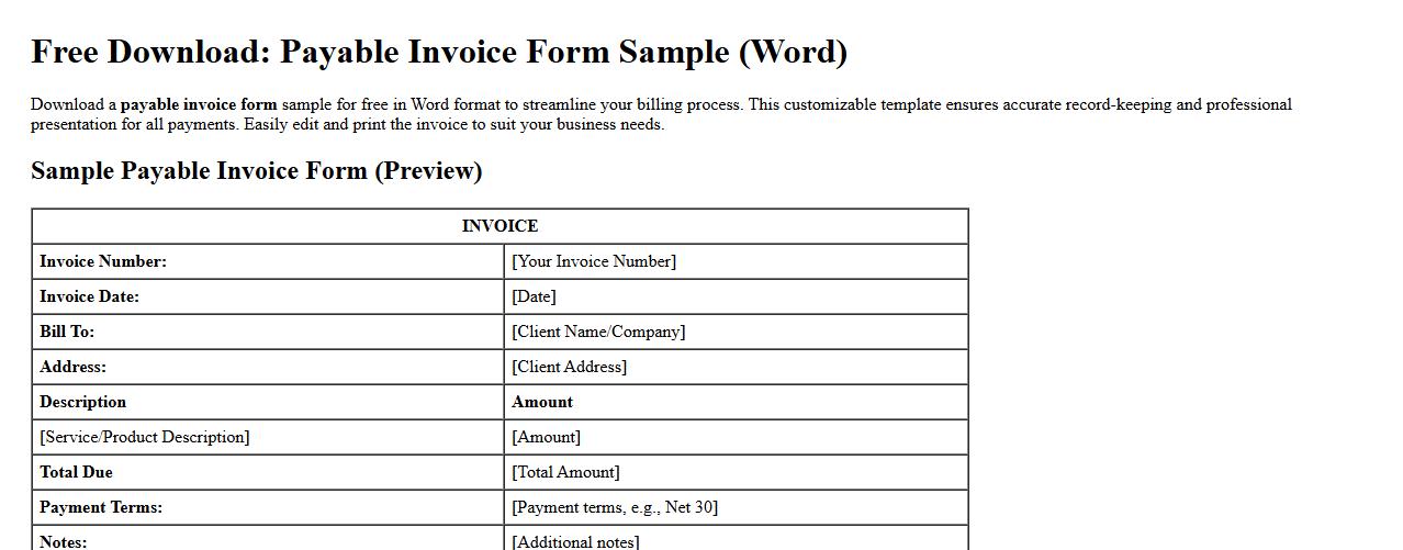 free download payable invoice form sample Word image preview