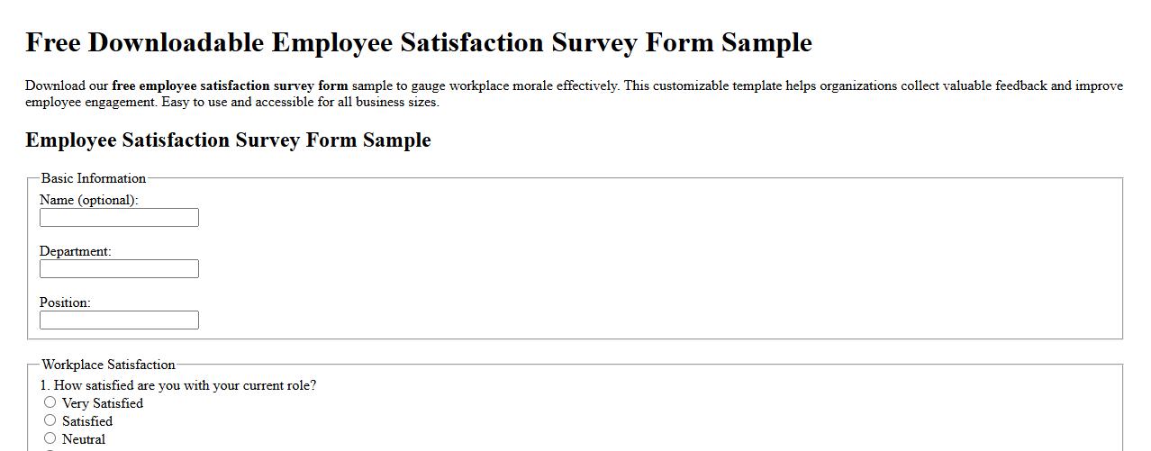 Free downloadable employee satisfaction survey form sample image preview