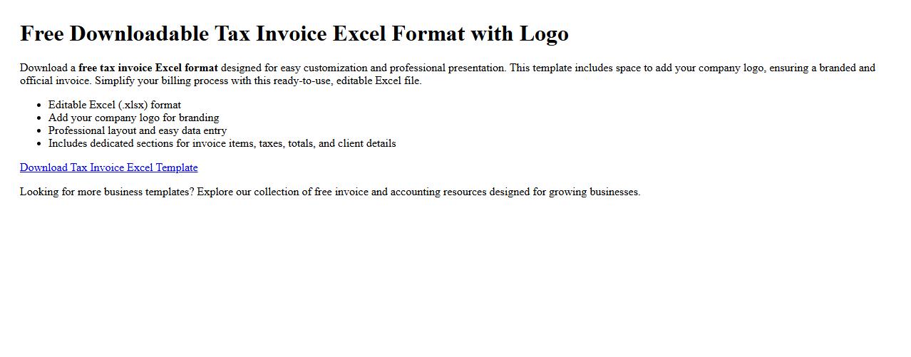 Free downloadable tax invoice excel format with logo image preview