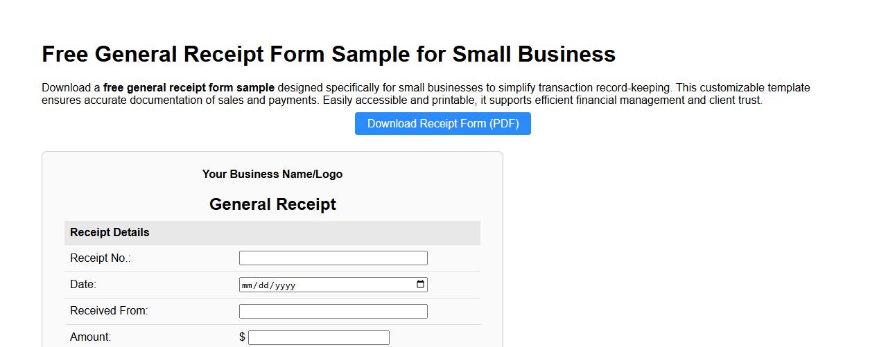free general receipt form sample for small business image preview