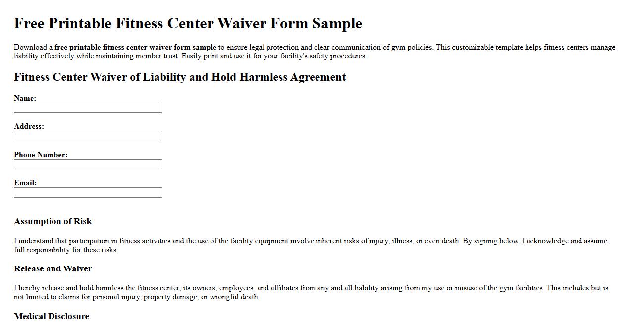 free printable fitness center waiver form sample image preview