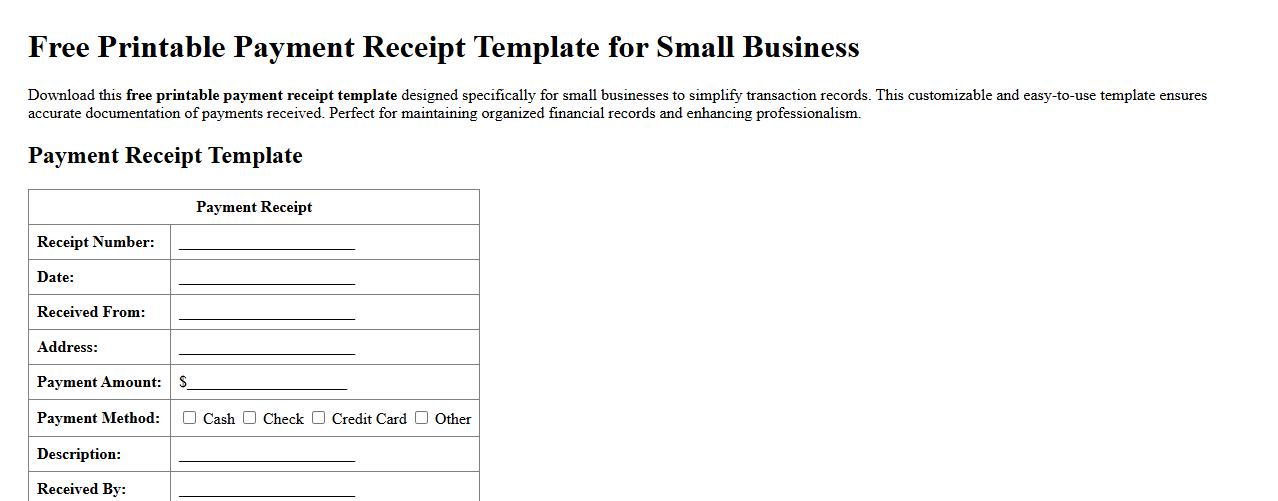 Free printable payment receipt template for small business image preview