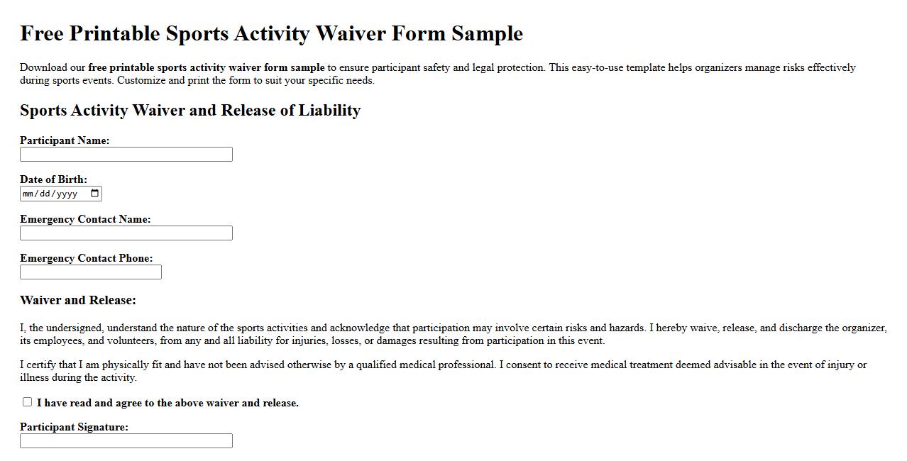 Free printable sports activity waiver form sample image preview