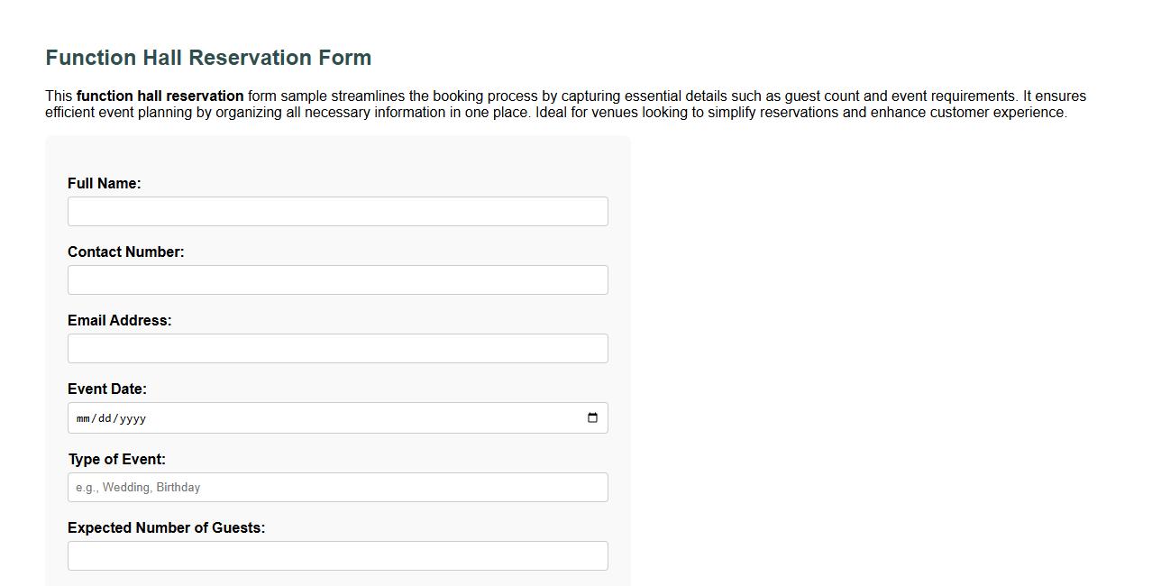 Function hall reservation form sample including guest count image preview