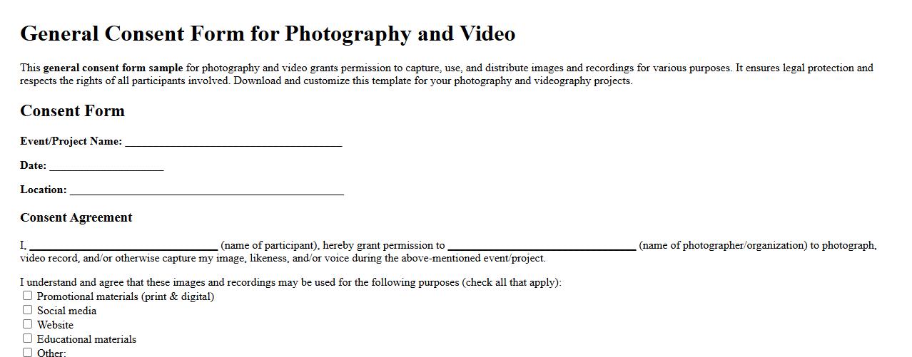 general consent form sample for photography and video image preview