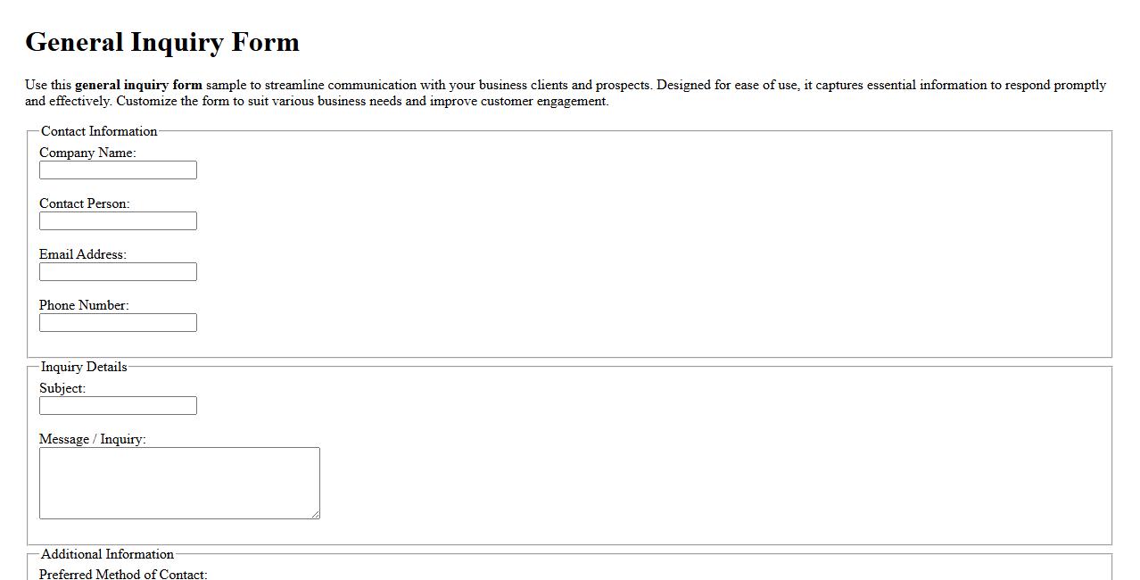 general inquiry form sample for businesses image preview