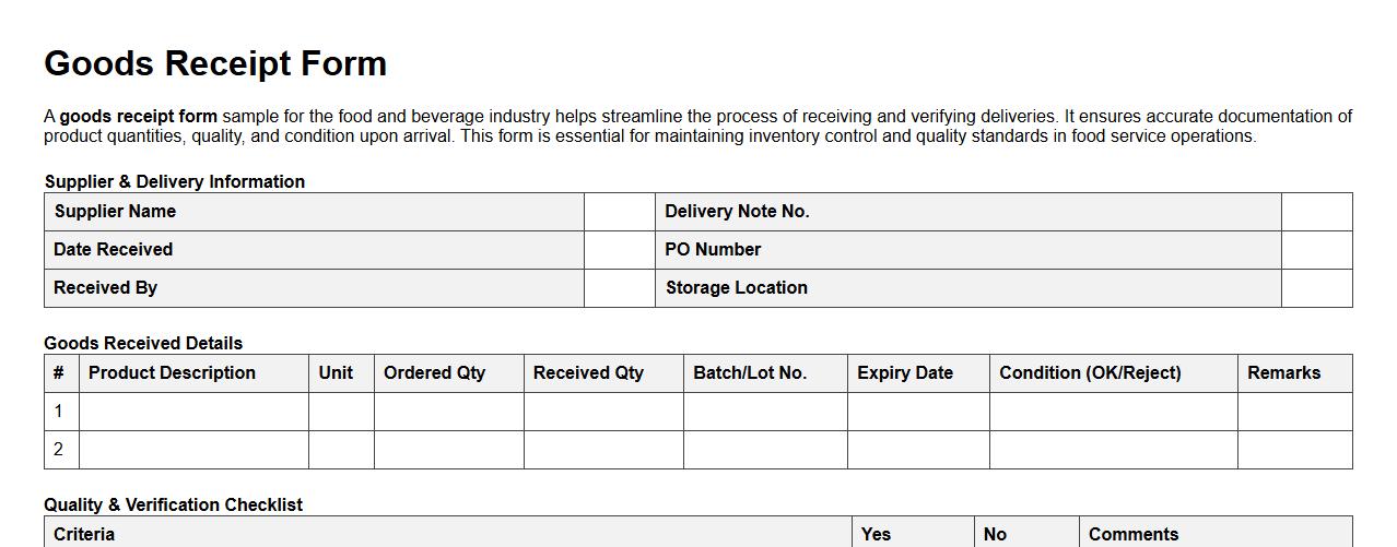 Goods receipt form sample for food and beverage industry image preview