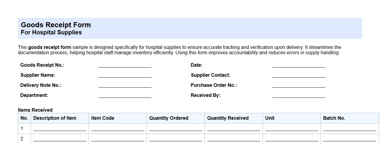 Goods receipt form sample for hospital supplies image preview