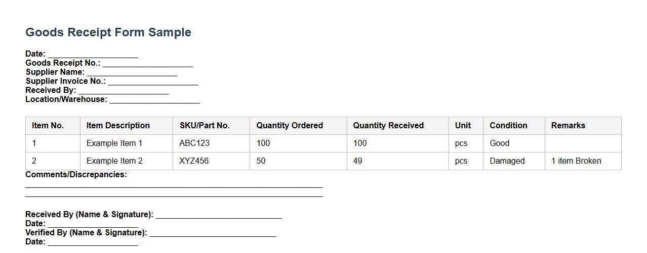 Goods receipt form sample with itemized details image preview