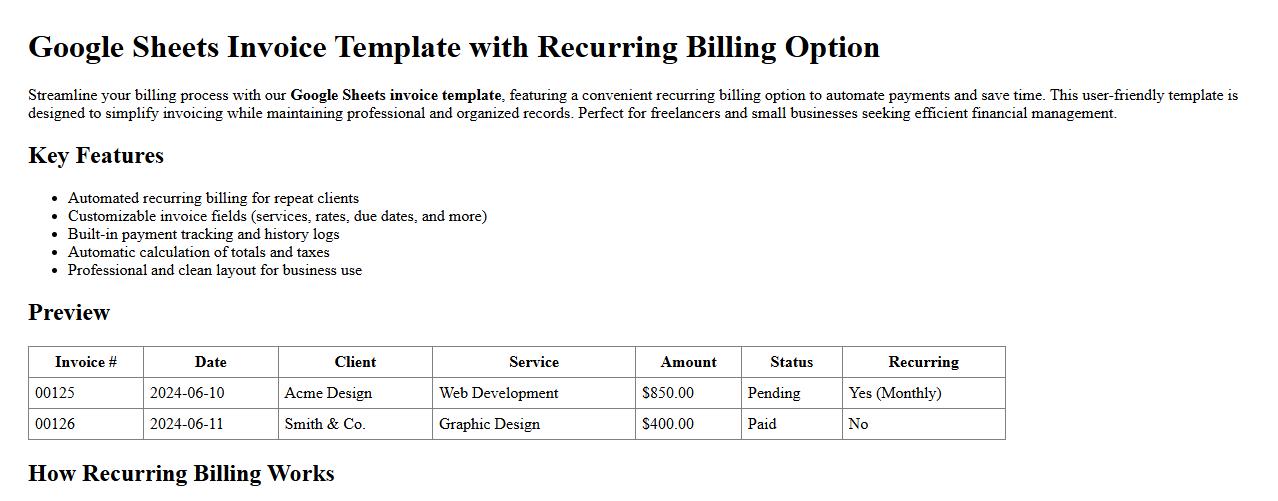 Google Sheets invoice template with recurring billing option image preview