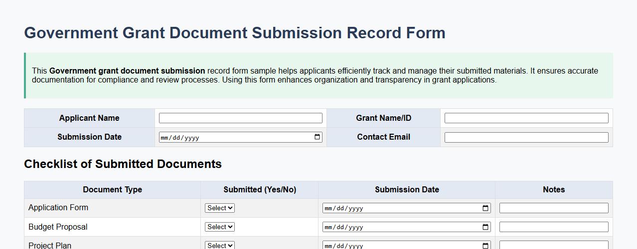 Government grant document submission record form sample image preview