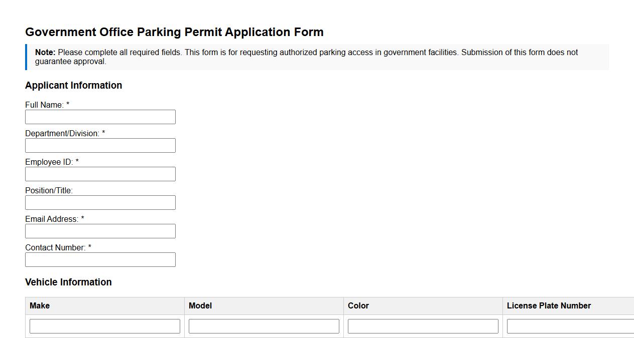 government office parking permit form sample image preview